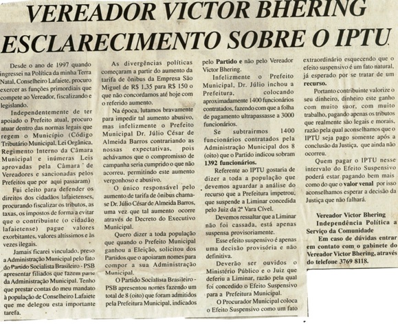Vereador Victor Bhering esclarecimentos sobre o IPTU. Jornal Nova Gazeta, Conselheiro Lafaiete, 05 ago. 2006, 424ª ed.,  p. 03.