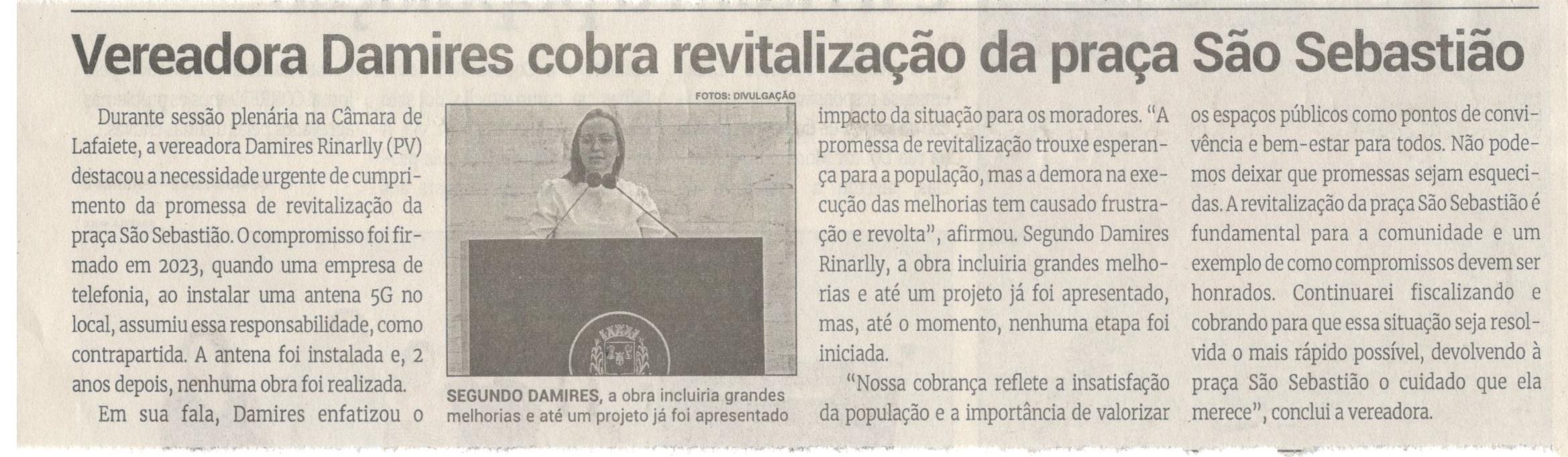 Vereadora Damires cobra revitalização da praça São Sebastião. Jornal Correio da Cidade, Conselheiro Lafaiete, 01 a 07 fev. 2025, 1766ª ed., Política, p. 2.