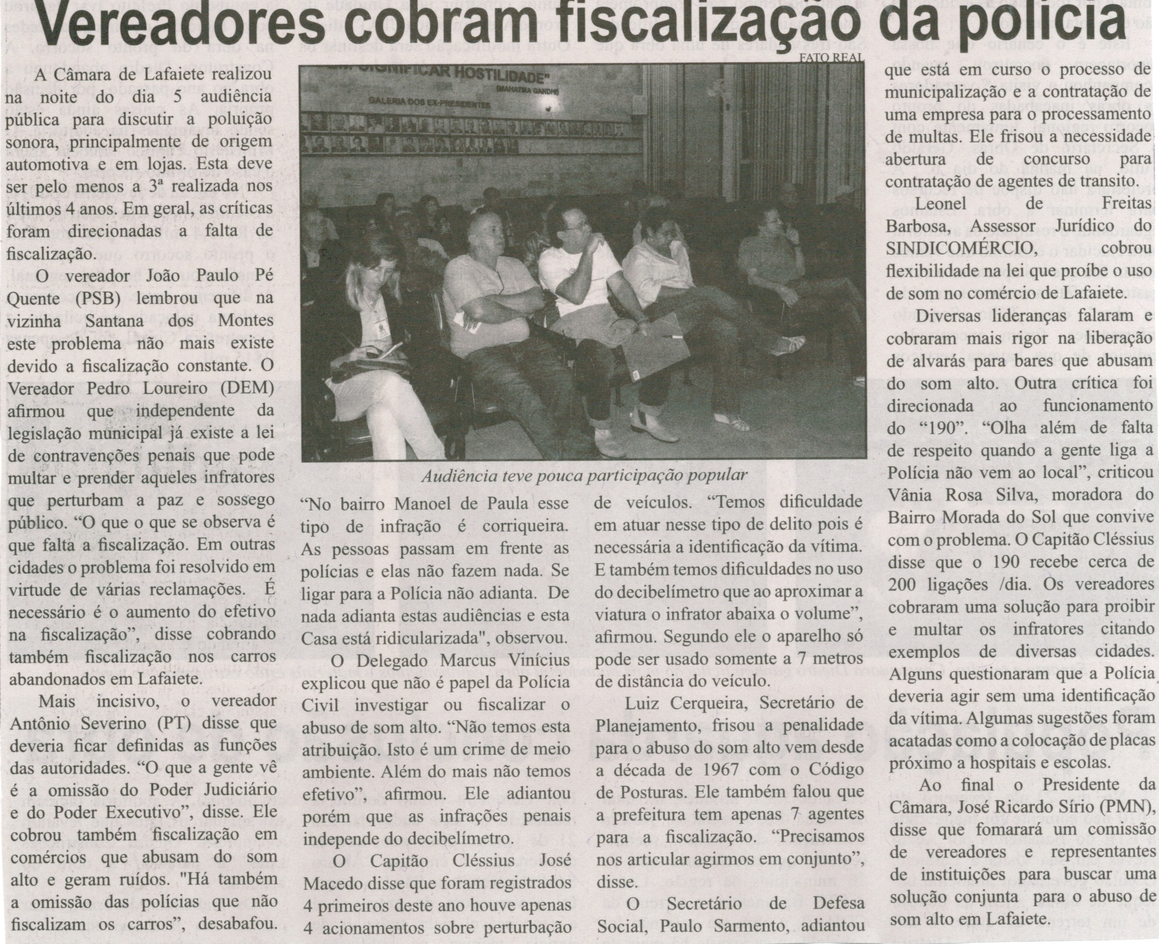 Vereadores cobram fiscalização da polícia. Correio de Minas, Conselheiro Lafaiete, 10 mai. 2014, p. 4.