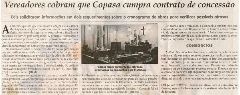 Vereadores cobram que COPASA cumpra contrato de concessão. Jornal Correio da Cidade, Conselheiro Lafaiete, 30 mai. 2015, 1267ª ed. p. 06.