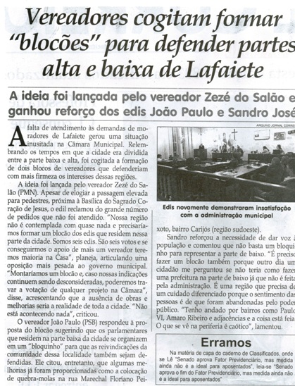 Vereadores cogitam formar "blocões" para defender partes alta e baixa de Lafaiete. Jornal Correio da Cidade, 06 jun. 2015, 1268ª ed., p. 2