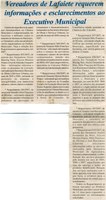 Vereadores de Lafaiete requerem informações e esclarecimentos ao Executivo Municipal. Jornal Nova Gazeta, Conselheiro Lafaiete, 05 abr. 2007, 457ª ed., p. 20.