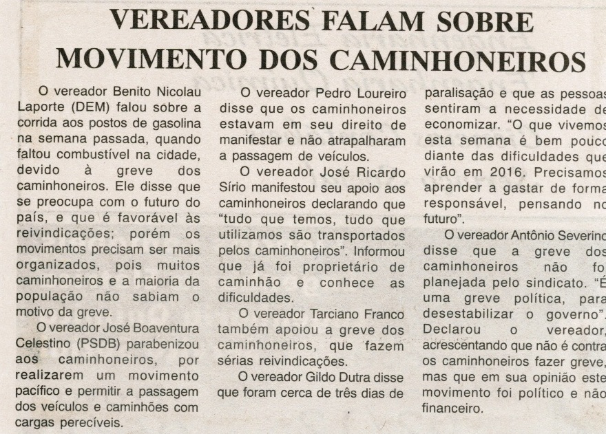 Vereadores falam sobre movimento dos caminhoneiros. Jornal Gazeta, Conselheiro Lafaiete, 560ª ed. 14 a 20 nov. 2015, Caderno Gerais, p. 04