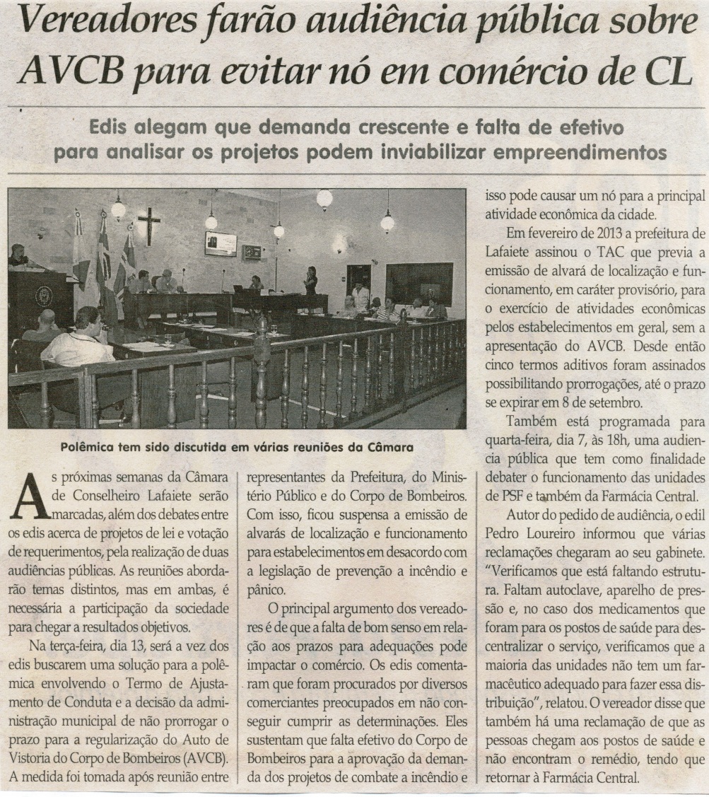 Vereadores farão audiência pública sobre AVCB para evitar nó em comércio de CL. Jornal Correio da Cidade, Conselheiro Lafaiete, 03 out. 2015, 1285ª ed., p. 6. 