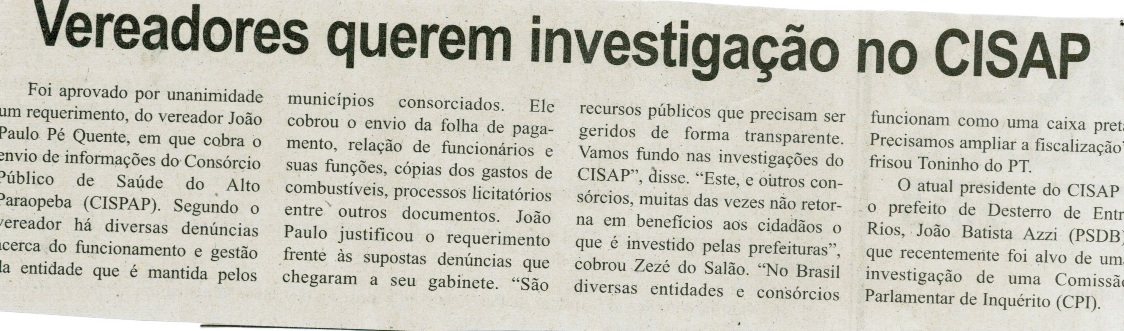 Vereadores querem investigação no CISAP. Correio de Minas, Conselheiro Lafaiete, 19 set. 2015, 418ª ed., ano XIII, p. 5.